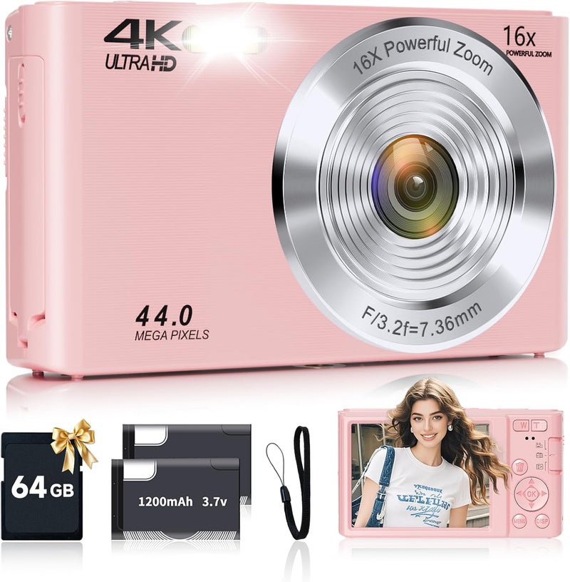 SMARTKLIK Store كاميرا رقمية، FHD 4K 44MP كاميرا رقمية بؤرة تلقائية وردية مع بطاقة SD سعة 64GB 16X زوم، كاميرات للتصوير كاميرا صغيرة مدمجة وسهلة الاستخدام للأولاد والبنات والأطفال كاميرا رقمية للسفر - Image 1